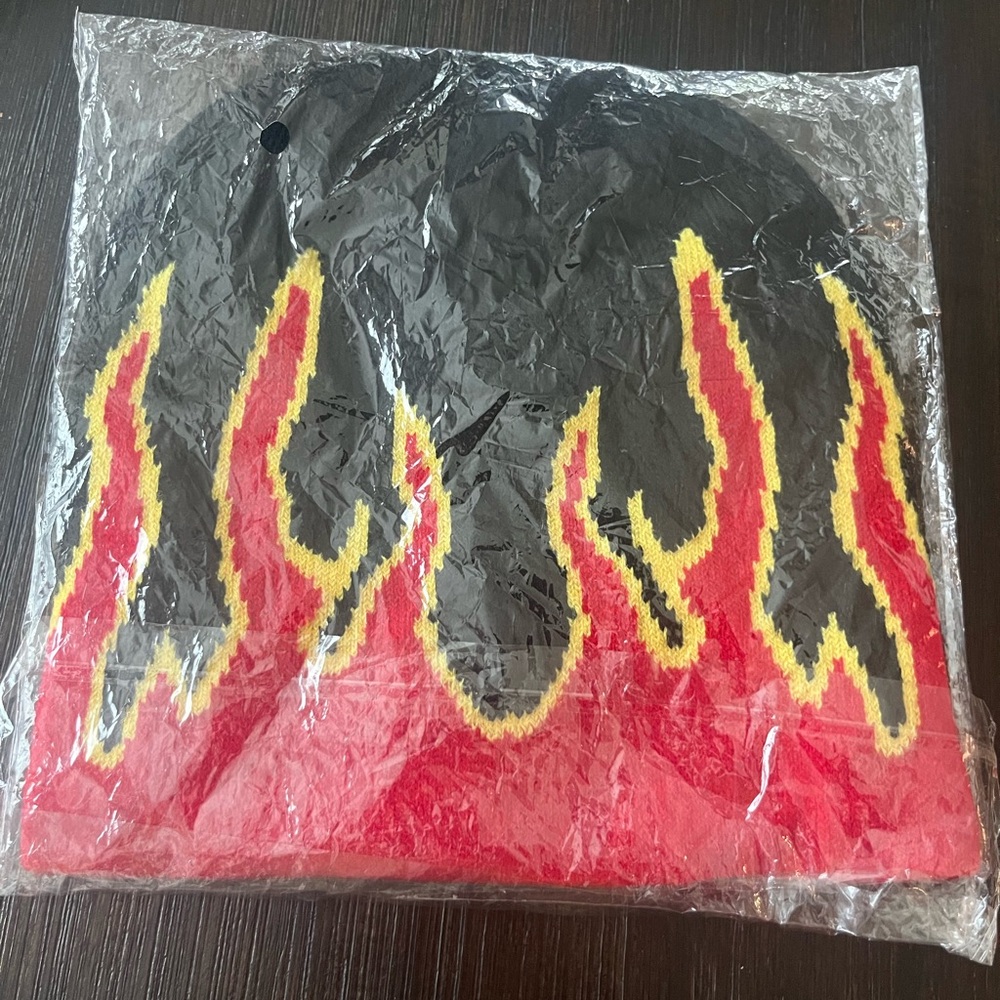 NWT Black Beanie with Red and Yellow Flame Design